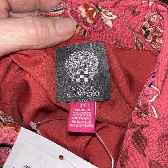 Vince Camuto 4P Dress Coral & Navy Blue Floral Dress Long Sl Gold Buttons - Picture 6 of 7